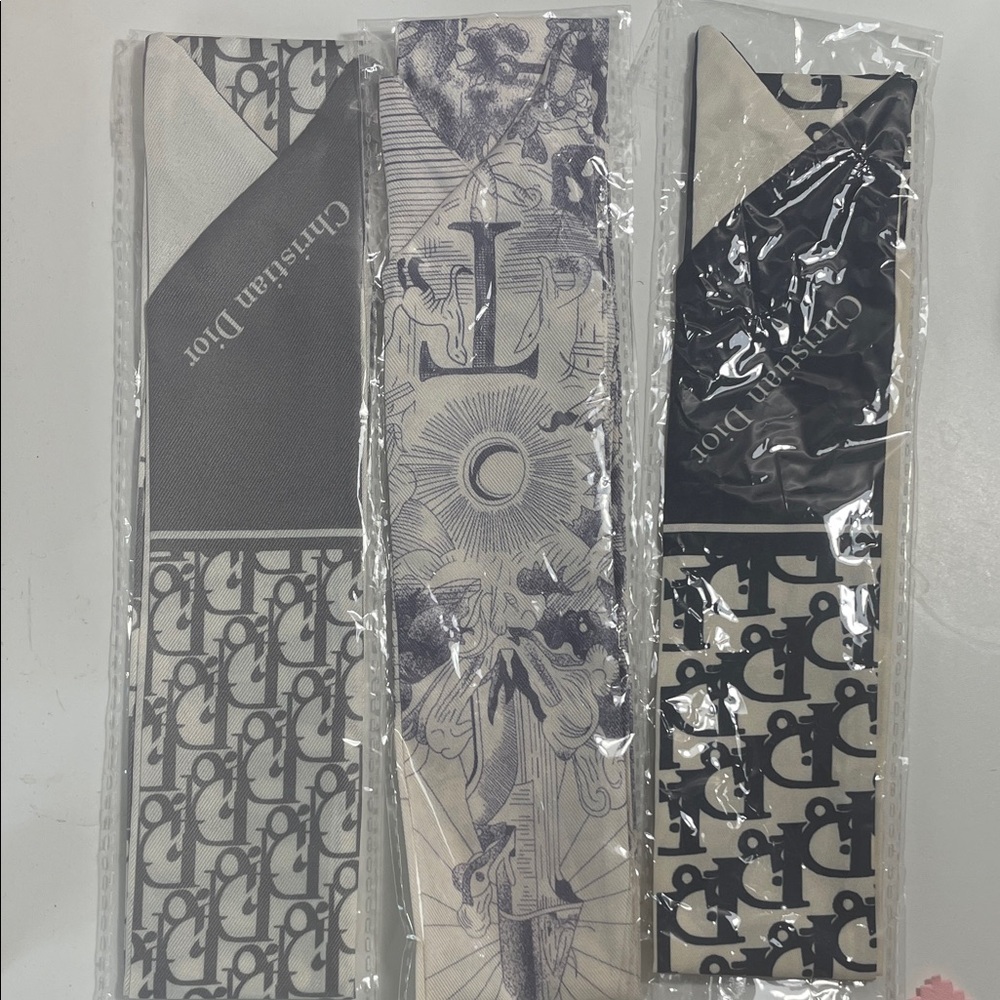 Christian Dior inspired Gray & Black Logo Silk Twilly Scarves (Set of 3)